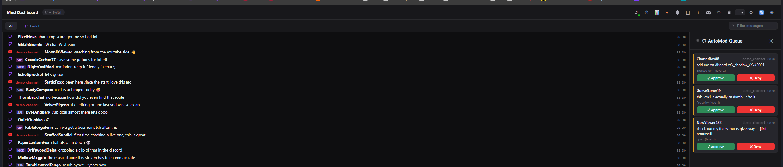 AutoMod queue with held messages awaiting approve or deny