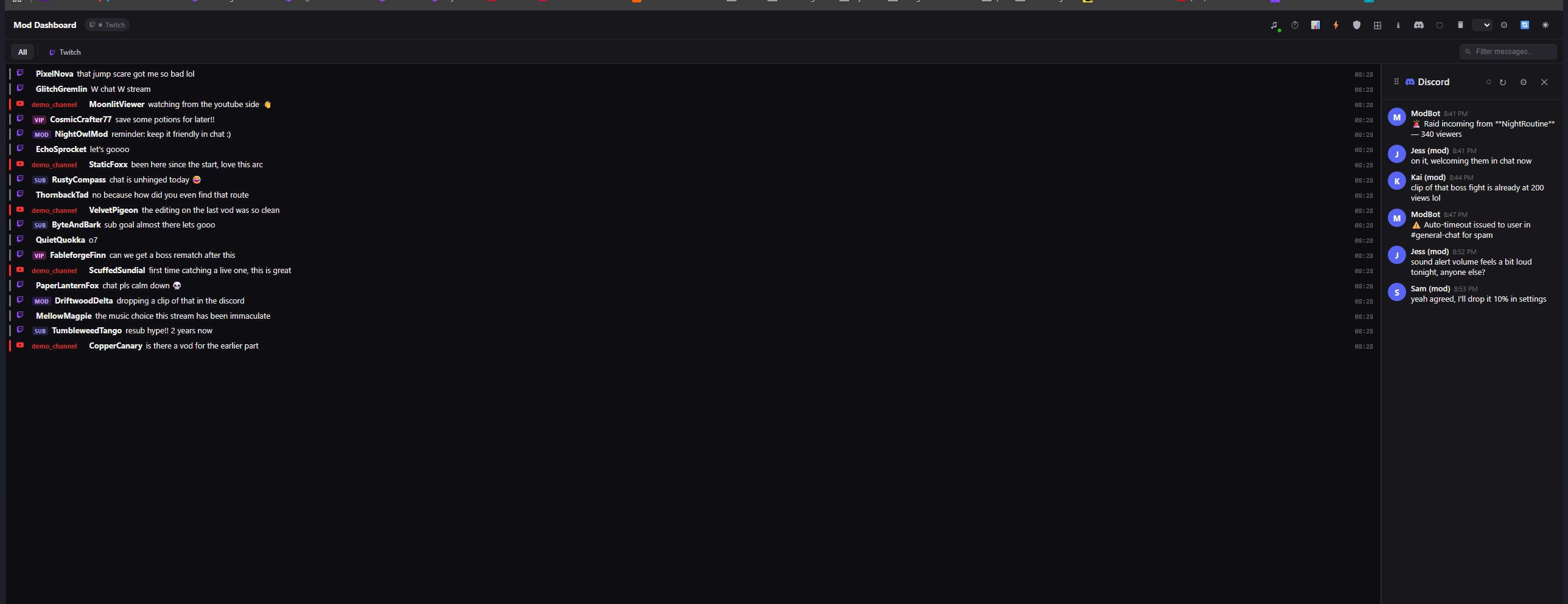 Discord mod-channel panel open alongside live chat