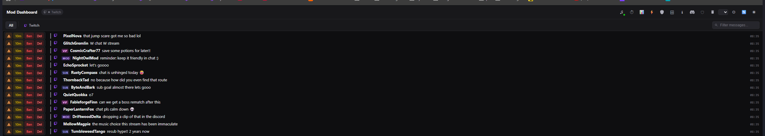 Chat feed with always-visible warn, timeout, ban and delete buttons