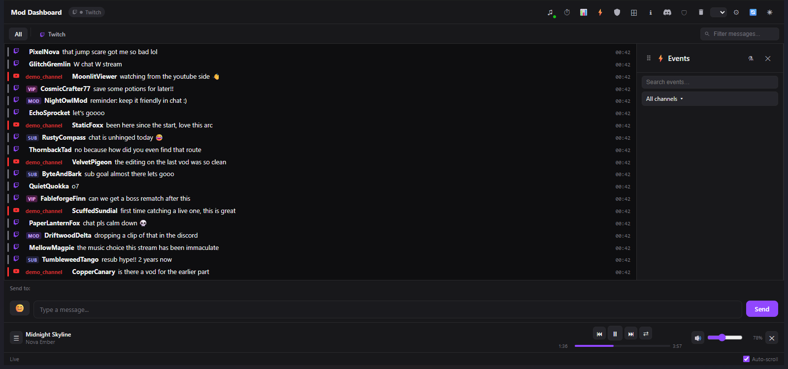 StreamMod panel layout showing live chat, mod actions and VLC controls