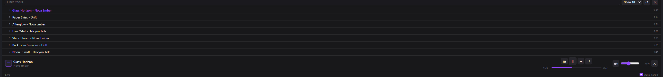 VLC playlist panel showing the full track list