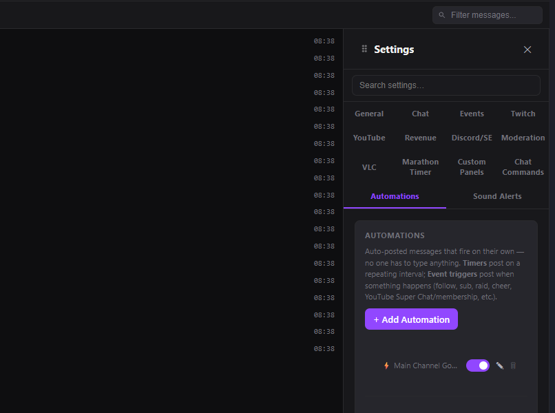 Settings panel showing the Automations tab and full tab list